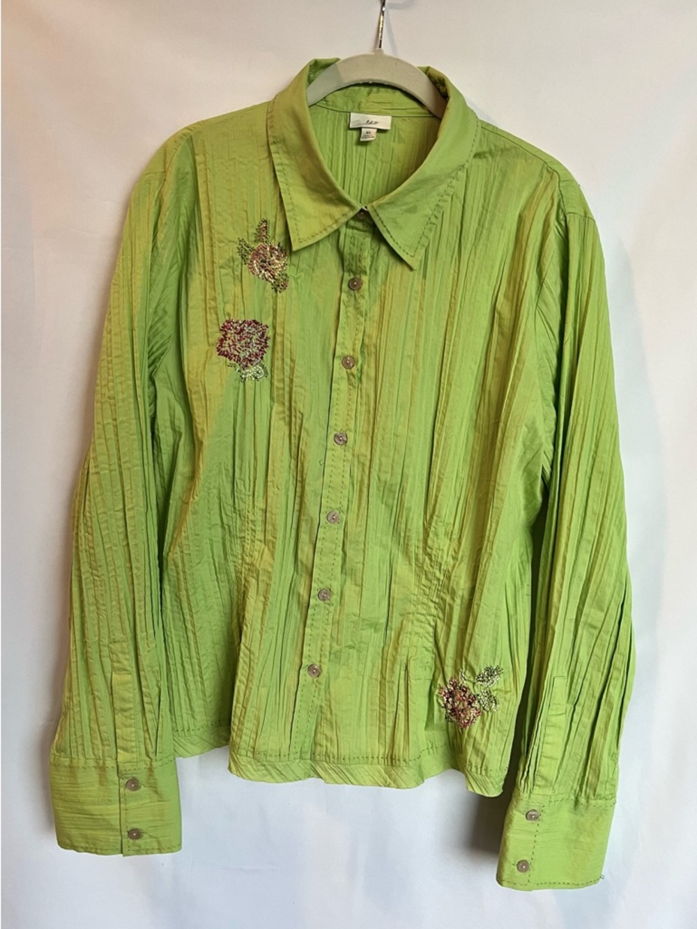 J. Jill Lime Green Pleated Button-Front Shirt with Intricate Floral Embroidery